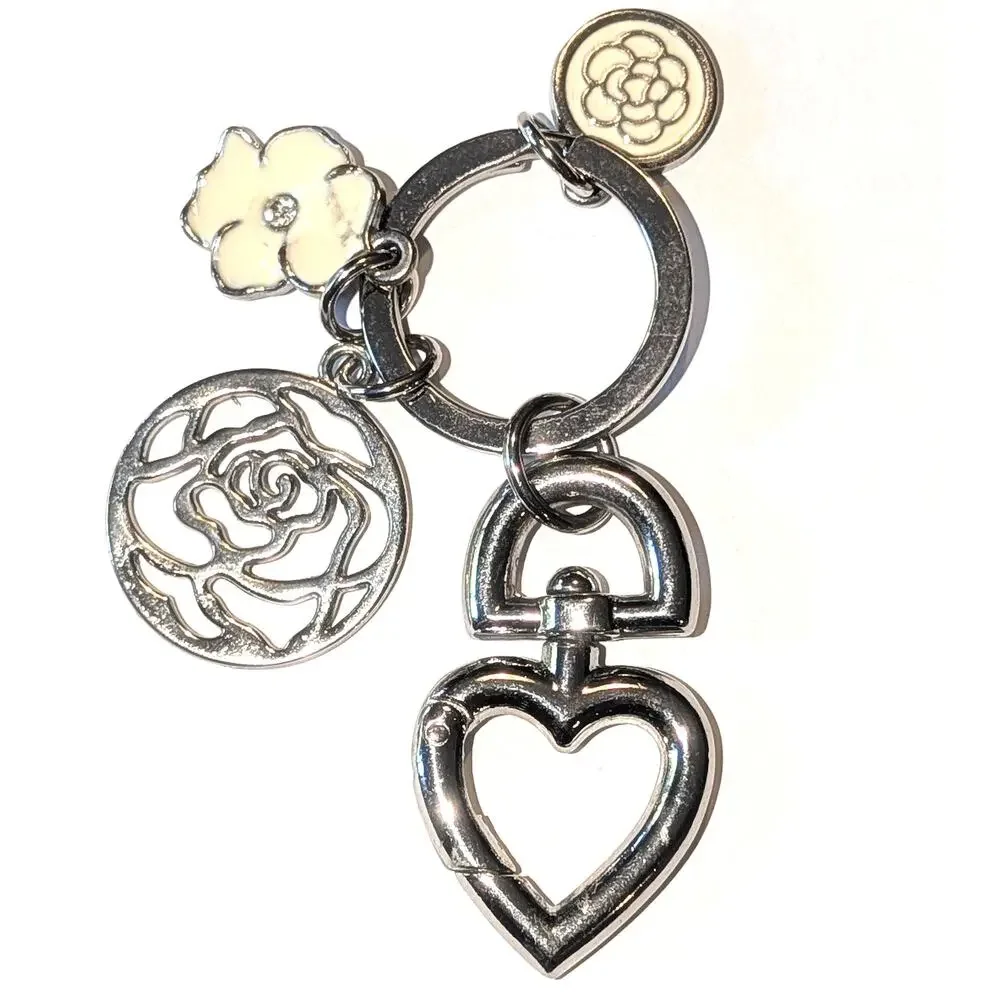 Camellia Flowers Silver Tone Floral Bag Charm Key Chain with Heart Clasp
